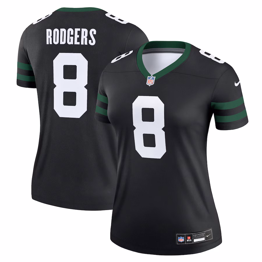 Women's New York Jets Aaron Rodgers Nike Legacy Black Alternate Legend Player Performance Top - Jersey
