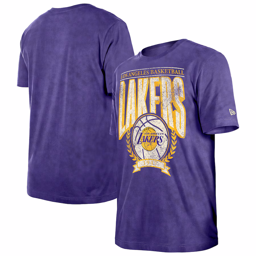 Men's Los Angeles Lakers  New Era Purple Hardwood Classics Oversized Boxy Mineral Wash T-Shirt - Jersey