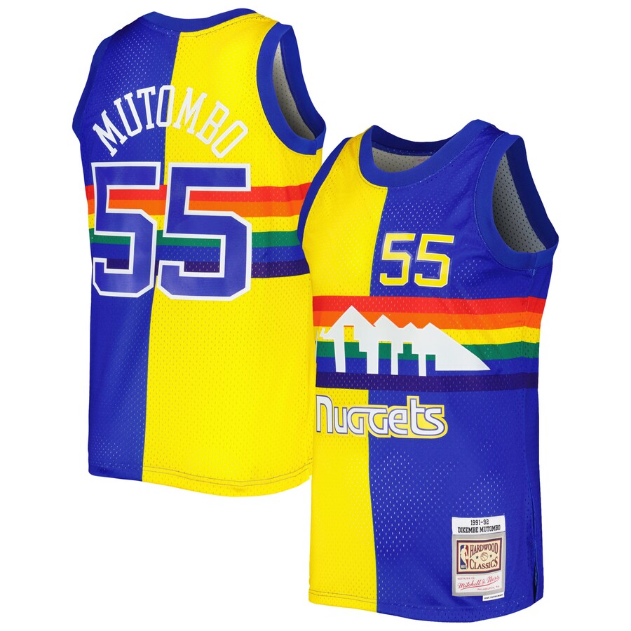 Men's Denver Nuggets Dikembe Mutombo Mitchell & Ness Royal/Gold Hardwood Classics 1991/92 Split Swingman Jersey - Jersey