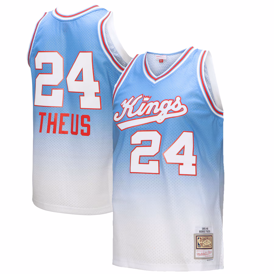 Men's Sacramento Kings Reggie Theus Mitchell & Ness White/Light Blue 1985/86 Hardwood Classics Fadeaway Swingman Player Jersey - Jersey