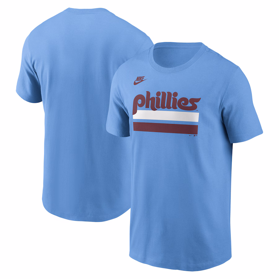 Men's Philadelphia Phillies Nike Light Blue Two Bar Cooperstown Collection Wordmark T-Shirt - Jersey