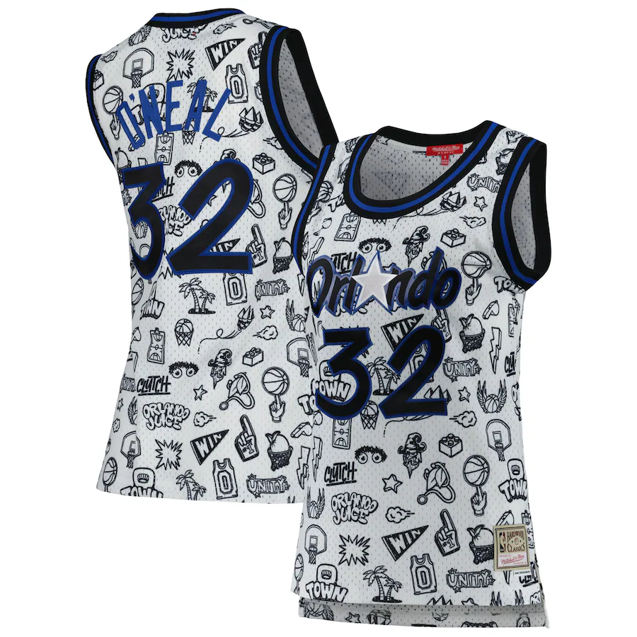 Women's Orlando Magic Shaquille O'Neal Mitchell & Ness White 1994 Doodle Swingman Jersey - Jersey