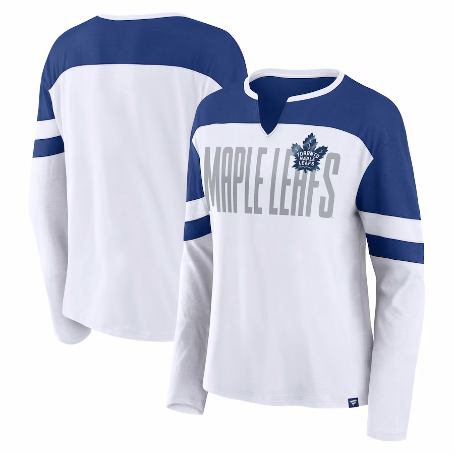 Women's Toronto Maple Leafs Fanatics White/Blue Frozen Long Sleeve Notch Neck T-Shirt - Jersey