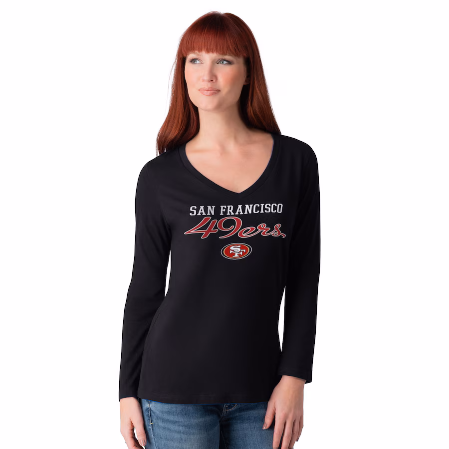 Women's San Francisco 49ers G-III 4Her by Carl Banks Black Post Season Long Sleeve V-Neck T-Shirt - Jersey