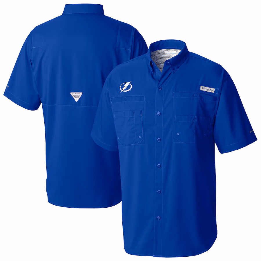 Men's Tampa Bay Lightning Columbia Blue Tamiami Short Sleeve Omni-Wick Button-Down Shirt - Jersey