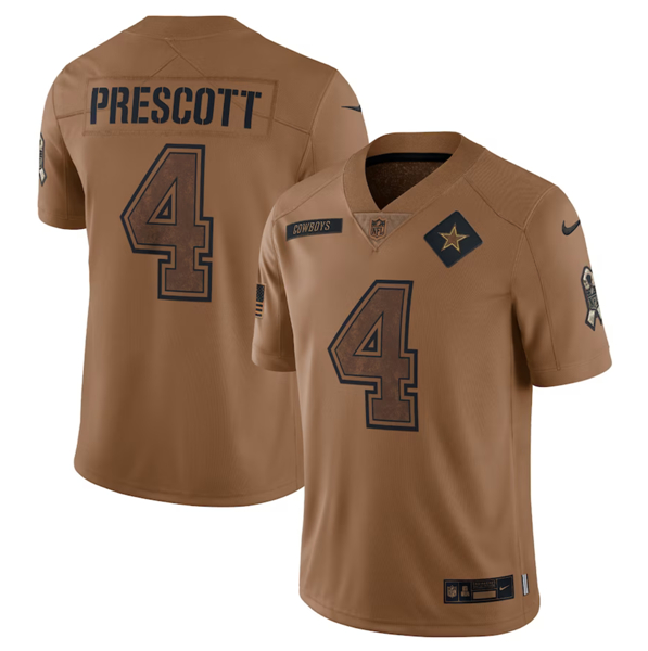 Men's Dallas Cowboys #4 Dak Prescott 2023 Brown Salute To Service Limited Football Stitched Jersey - Jersey