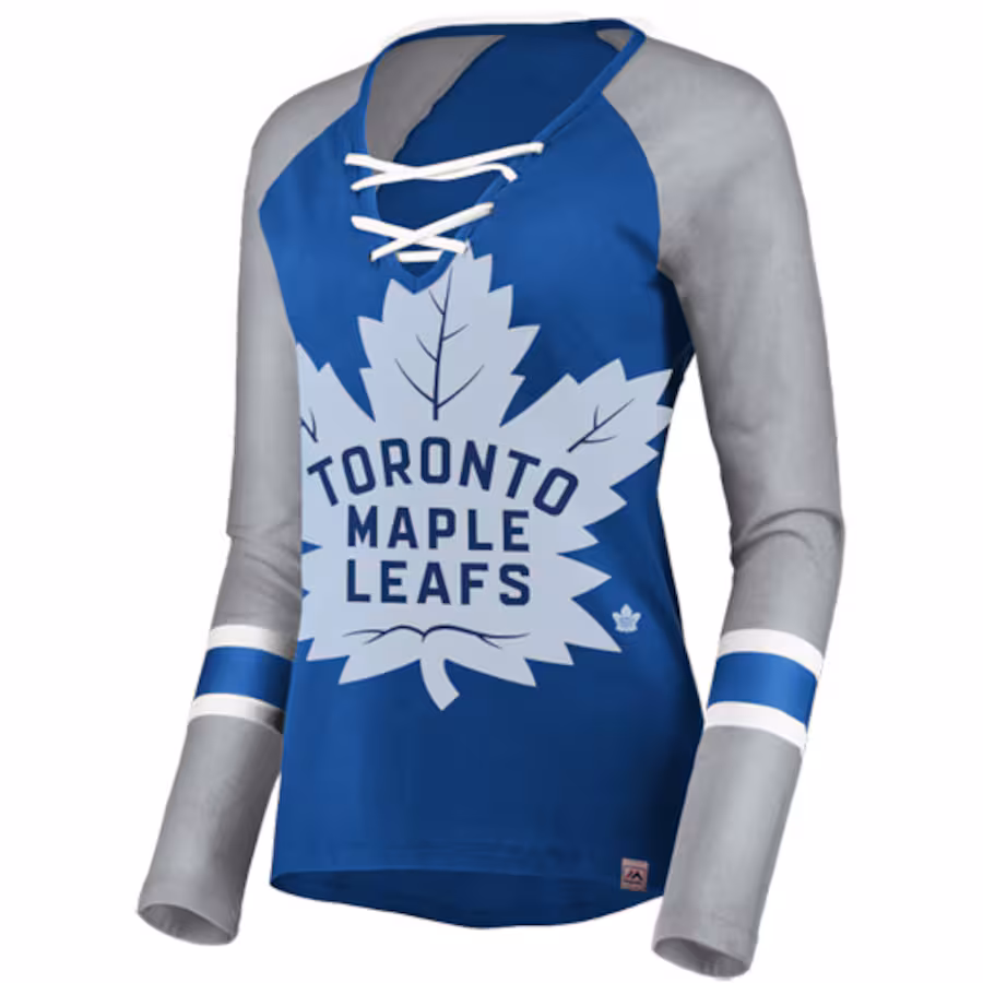 Women's Toronto Maple Leafs Majestic Blue/Gray The Lace Up Raglan Long Sleeve T-Shirt - Jersey