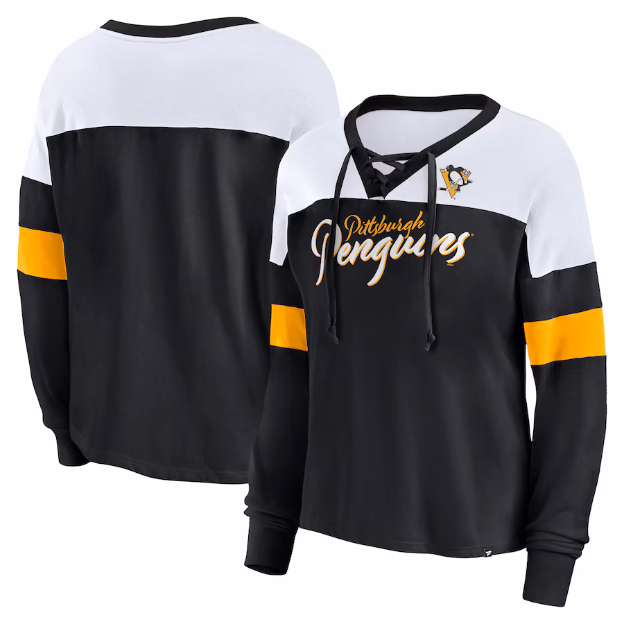 Women's Pittsburgh Penguins Fanatics Black Take the Shot Long Sleeve Lace-Up V-Neck T-Shirt - Jersey