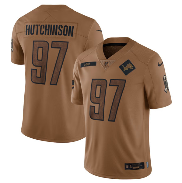 Men's Detroit Lions #97 Aidan Hutchinson 2023 Brown Salute To Service Limited Football Stitched Jersey - Jersey