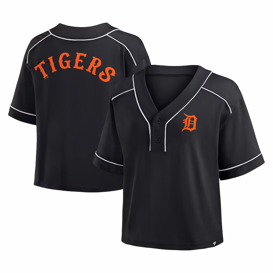 Women's Detroit Tigers Fanatics Black Oversized Champ Game Cropped V-Neck T-Shirt - Jersey