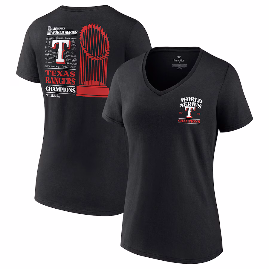 Women's Texas Rangers Fanatics Black 2023 World Series Champions Signature Roster V-Neck T-Shirt - Jersey