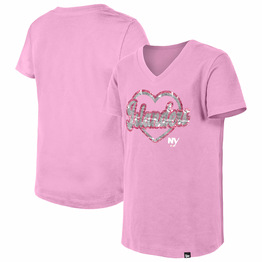 Girl's Youth New York Islanders New Era Pink Flip Sequin V-Neck T-Shirt - Jersey