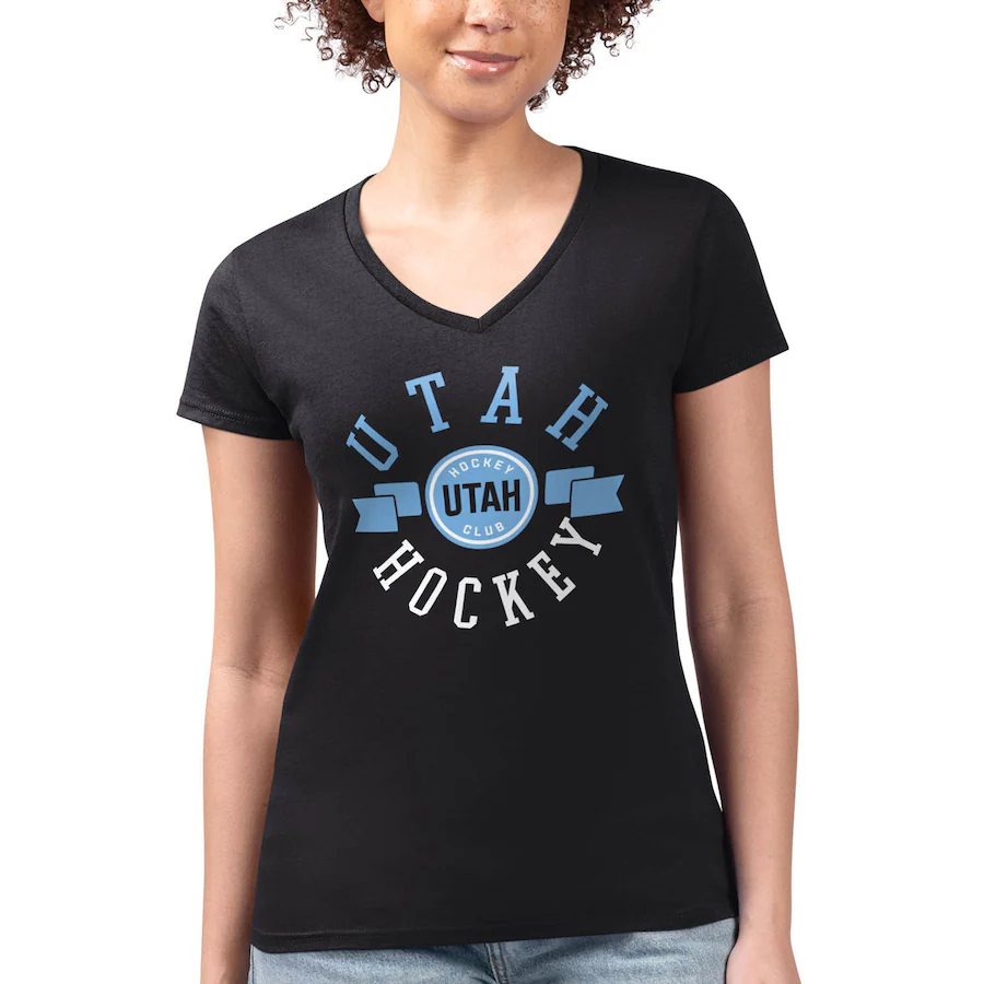 Women's Utah Hockey Club G-III 4Her by Carl Banks Black Shield Graphic Fitted V-Neck T-Shirt - Jersey