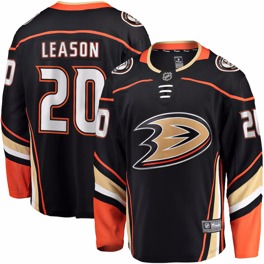 Men's Anaheim Ducks Brett Leason Fanatics Black Home Premier Breakaway Player Jersey - Jersey