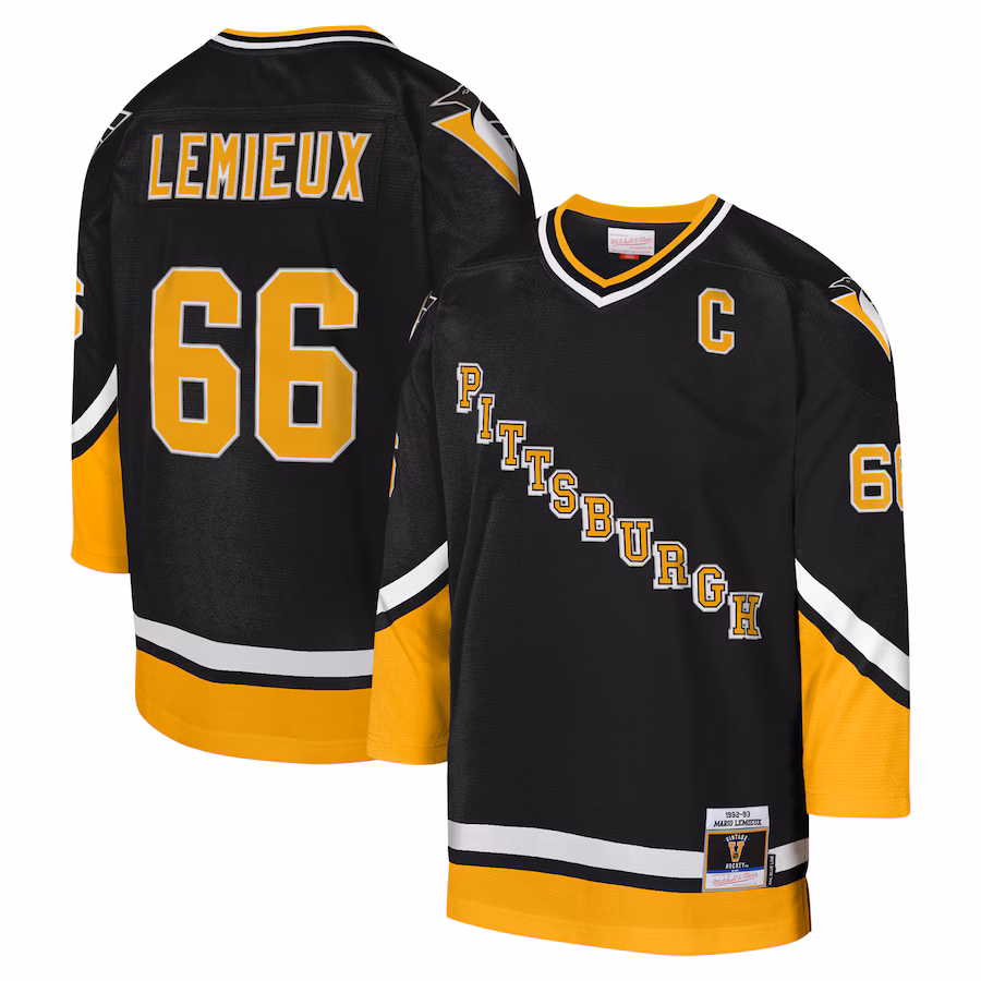Youth Pittsburgh Penguins Mario Lemieux Mitchell & Ness Black 1992-93 Blue Line Captain Patch Player Jersey - Jersey