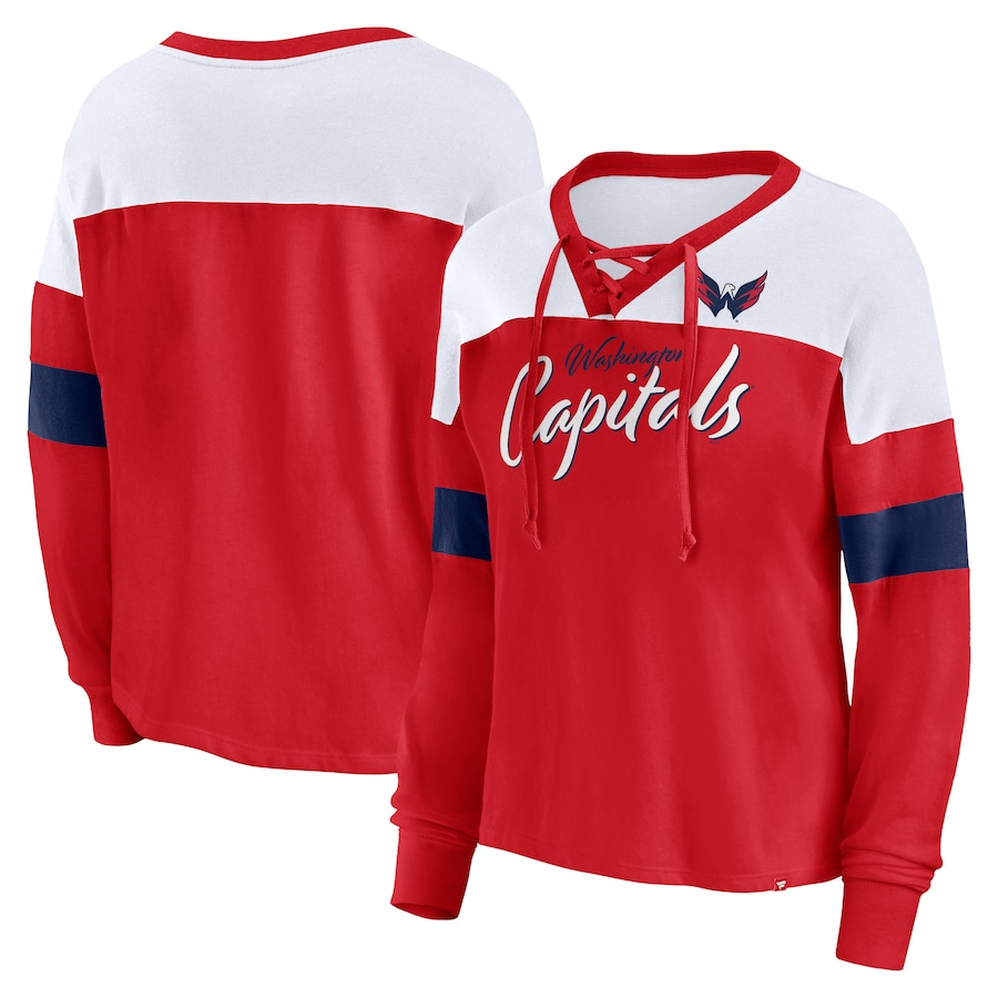 Women's Washington Capitals Fanatics Red Take the Shot Long Sleeve Lace-Up V-Neck T-Shirt - Jersey