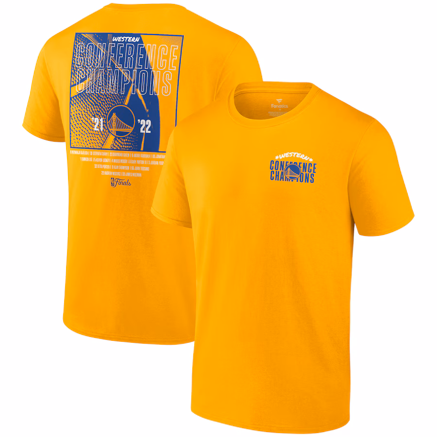 Men's Golden State Warriors Fanatics Gold 2022 Western Conference Champions Balanced Attack Roster T-Shirt - Jersey