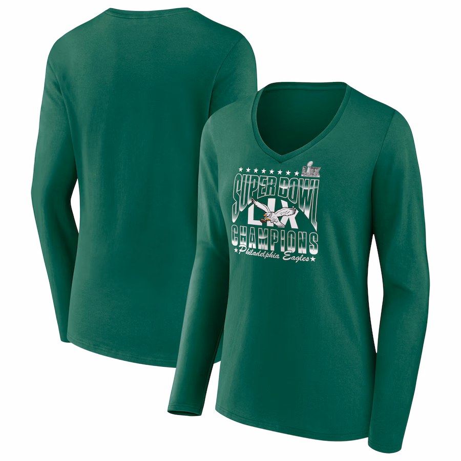 Women's Philadelphia Eagles  Fanatics Kelly Green Super Bowl LIX Champions Retro Logo Long Sleeve V-Neck T-Shirt - Jersey