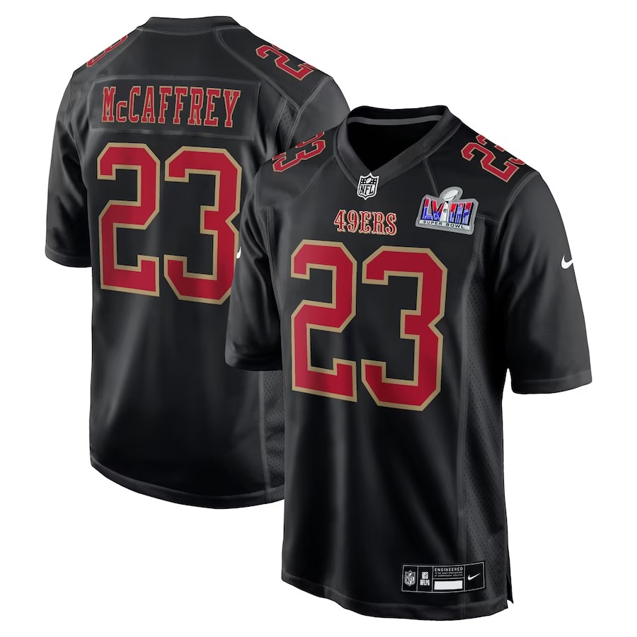 Men's San Francisco 49ers Christian McCaffrey Nike Black Super Bowl LVIII Carbon Fashion Game Player Jersey - Jersey