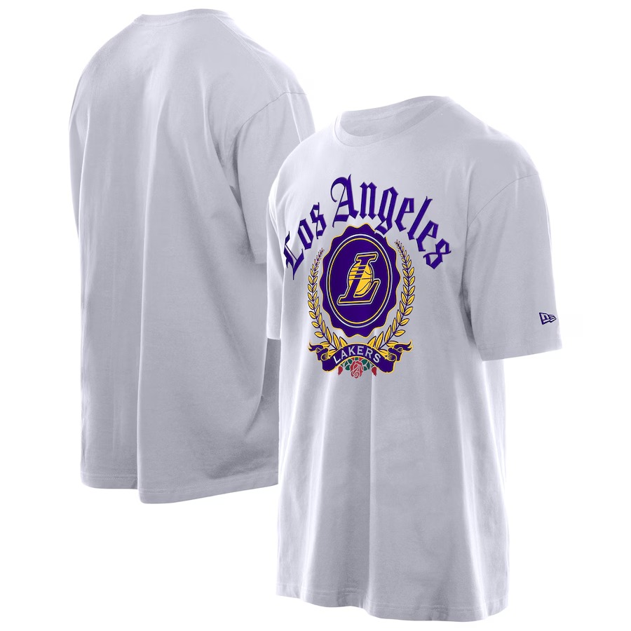 Men's Los Angeles Lakers New Era White Throwback Prep Oversized T-Shirt - Jersey