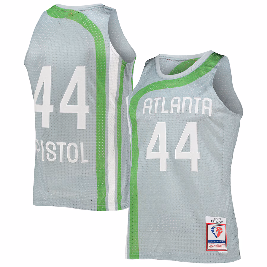 Men's Atlanta Hawks Pete Maravich Silver Mitchell & Ness 75th Anniversary 1971/72 Hardwood Classics Swingman Jersey - Jersey