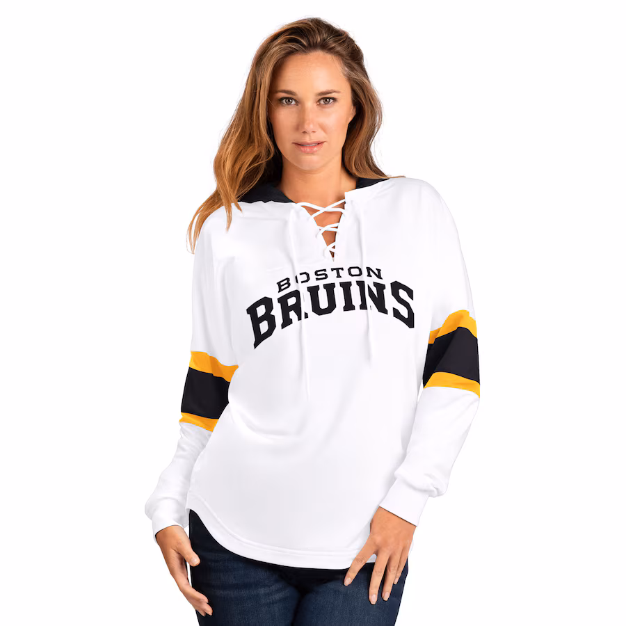 Women's Boston Bruins G-III 4Her by Carl Banks White Goal Zone Long Sleeve Lace-Up Hoodie T-Shirt - Jersey