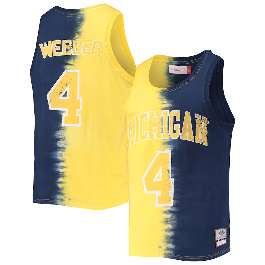 Men's Mitchell & Ness Chris Webber Maize/Navy Michigan Wolverines Name & Number Tie-Dye Tank Top - Jersey