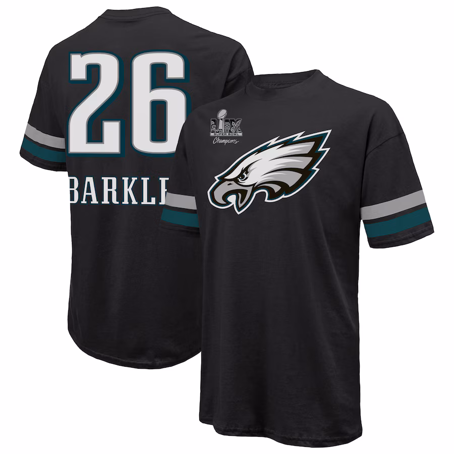 Men's Philadelphia Eagles Saquon Barkley Majestic Threads Black Super Bowl LIX Champions Oversized Player Name & Number T-Shirt - Jersey