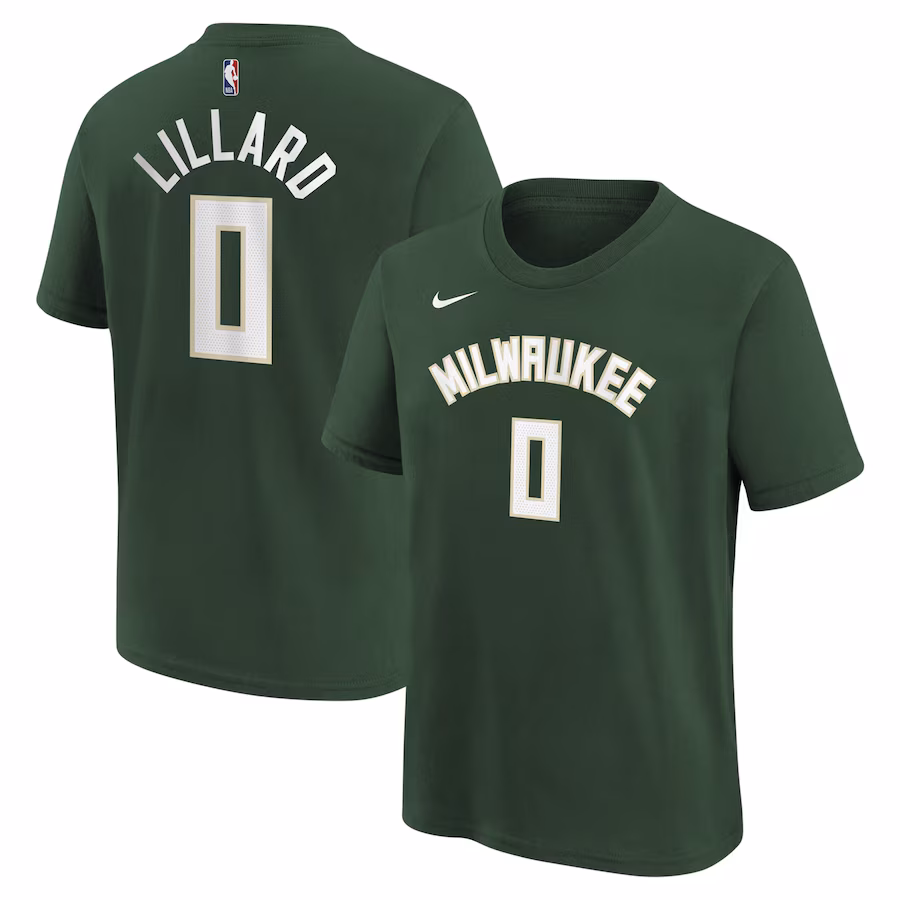 Youth Milwaukee Bucks Damian Lillard Nike Hunter Green Icon Name & Number T-Shirt - Jersey