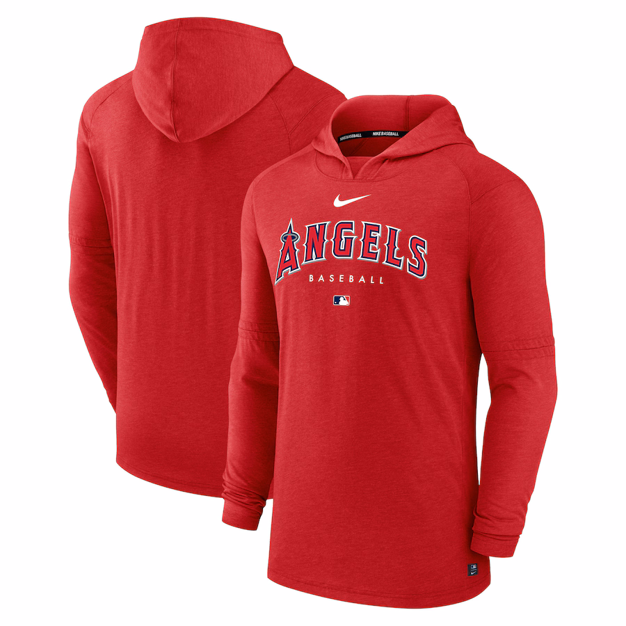Men's Los Angeles Angels Nike Heather Red Authentic Collection Early Work Tri-Blend Performance Pullover Hoodie - Jersey
