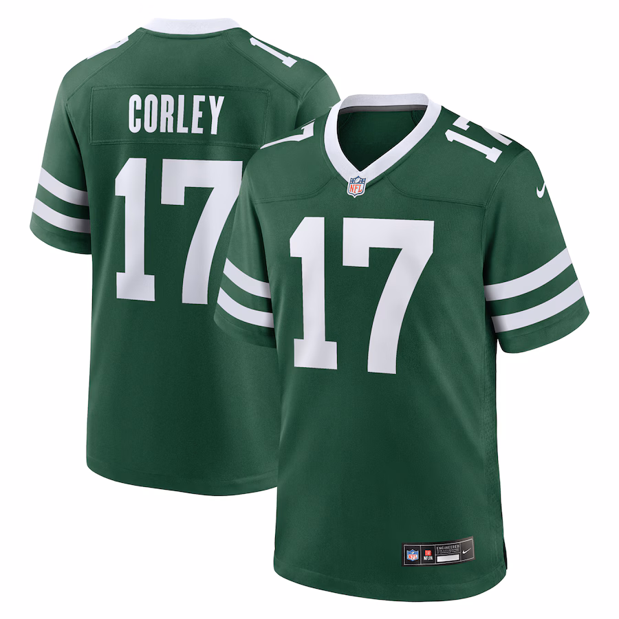 Men's New York Jets Malachi Corley Nike Legacy Green Team Game Jersey - Jersey