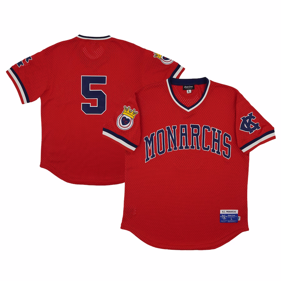 Men's Kansas City Monarchs #5 Rings & Crwns Red Mesh Replica V-Neck Jersey - Jersey