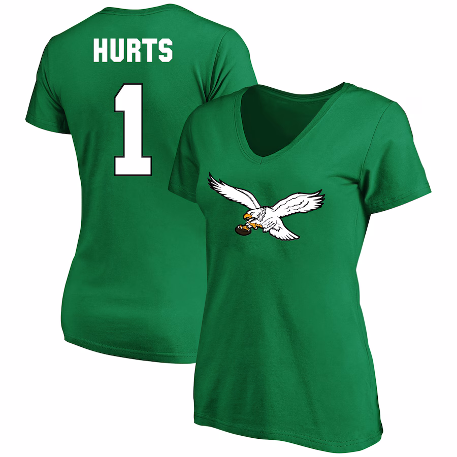 Women's Philadelphia Eagles Jalen Hurts Kelly Green Plus Size Fair Catch Name & Number Scoop Neck T-Shirt - Jersey