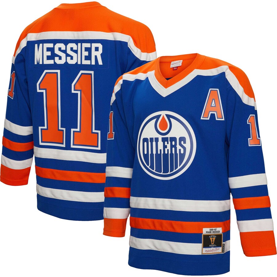 Men's Edmonton Oilers Mark Messier Mitchell & Ness Royal 1986/87 Alternate Captain Patch Blue Line Player Jersey - Jersey