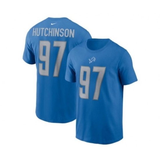 Men's Detroit Lions #97 Aidan Hutchinson 2022 Blue NFL Draft First Round Pick Player Name & Number T-Shirt - Jersey