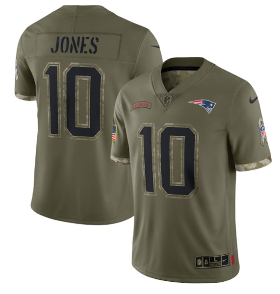 Men's New England Patriots #10 Mac Jones 2022 Olive Salute To Service Limited Stitched Jersey - Jersey
