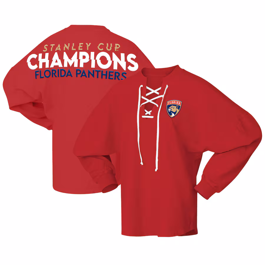 Women's Florida Panthers Fanatics Red 2024 Stanley Cup Champions Lace-Up Spirit Long Sleeve Top - Jersey