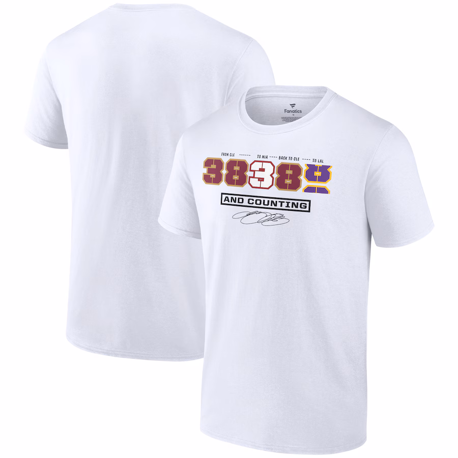 Men's LeBron James White NBA All-Time Scoring Record Split Points T-Shirt - Jersey