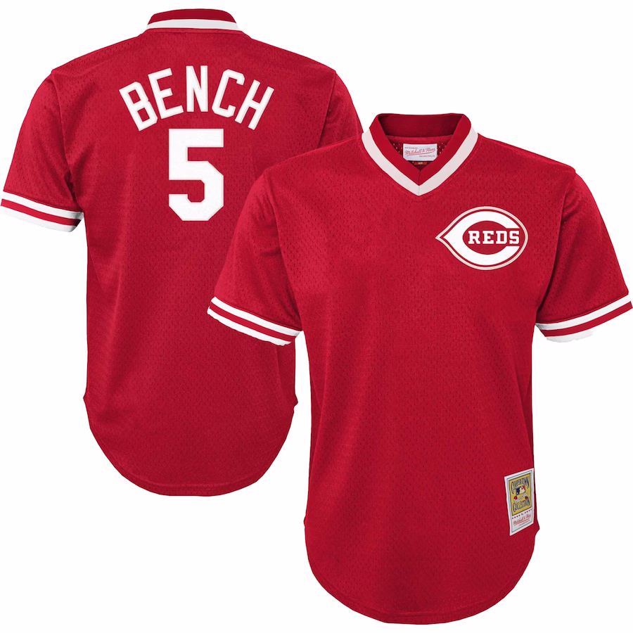 Youth Cincinnati Reds Johnny Bench Mitchell & Ness Red Cooperstown Collection Mesh Batting Practice Jersey - Jersey