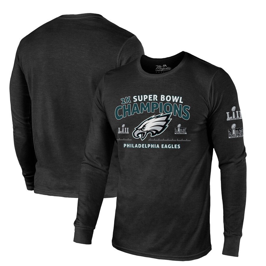 Men's Philadelphia Eagles Majestic Threads Black Two-Time Super Bowl Champions Sky High Long Sleeve Tri-Blend T-Shirt - Jersey