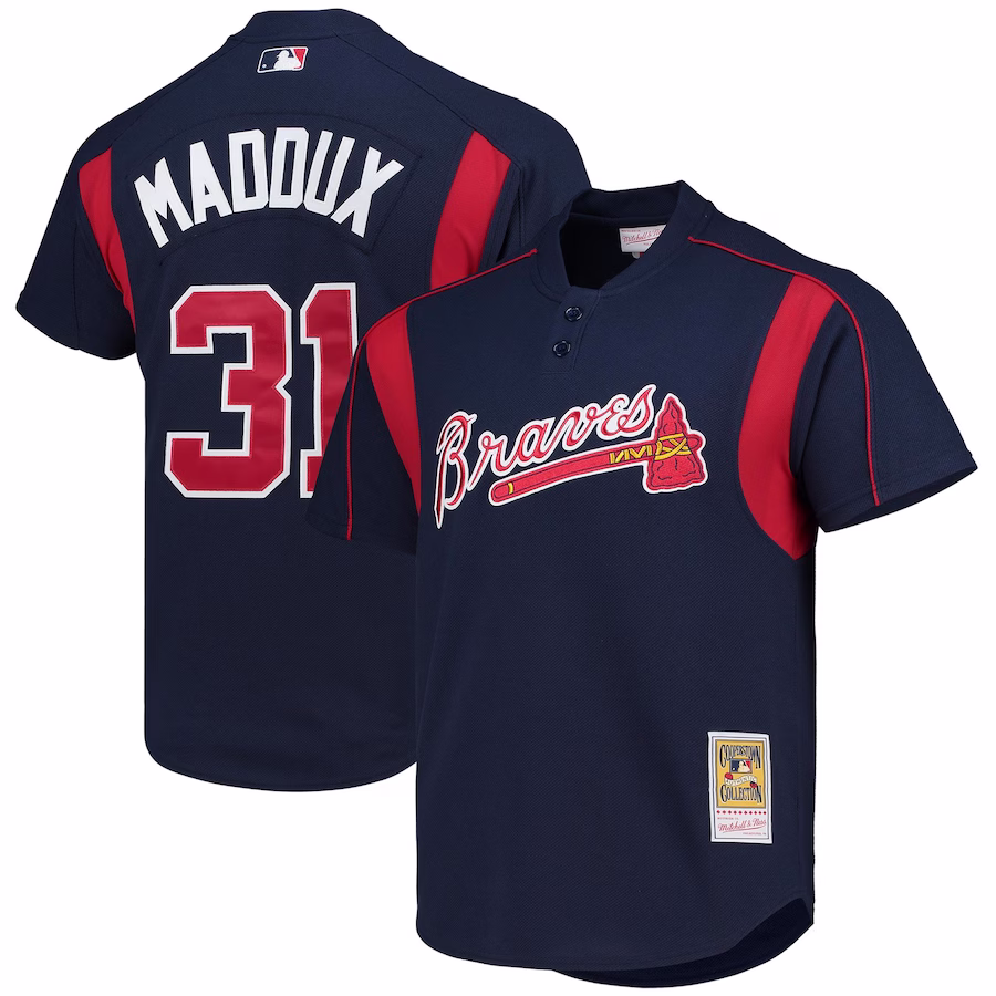 Men's Atlanta Braves Greg Maddux Mitchell & Ness Navy Cooperstown Collection Mesh Batting Practice Button-Up Jersey - Jersey