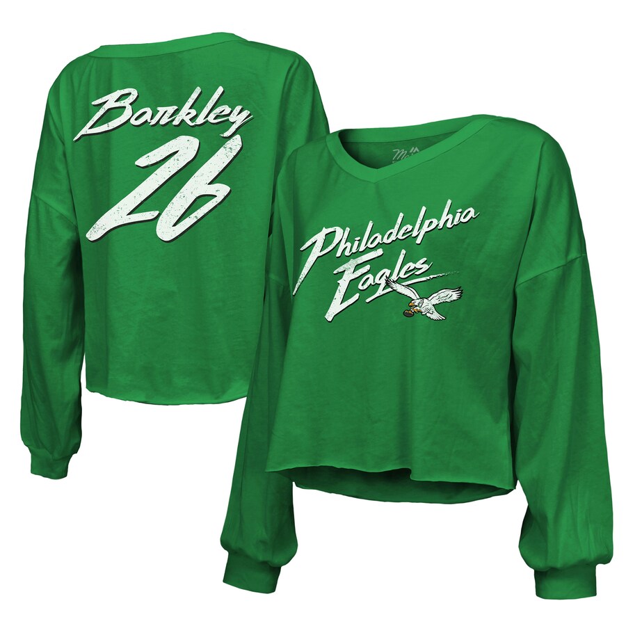 Women's Philadelphia Eagles Saquon Barkley Majestic Threads Kelly Green Name & Number Off-Shoulder Script Cropped Long Sleeve V-Neck T-Shirt - Jersey