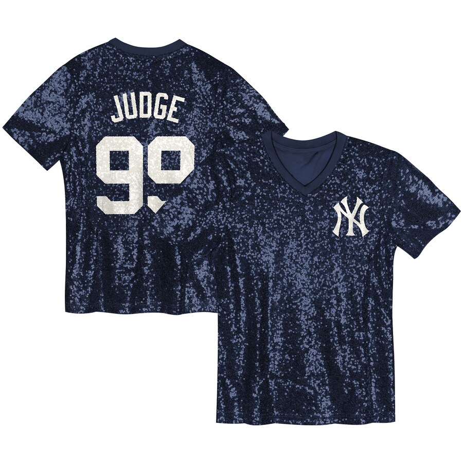 Juniors New York Yankees Aaron Judge Navy Name & Number Sequin V-Neck Top - Jersey