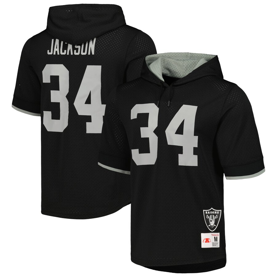 Men's Los Angeles Raiders Bo Jackson Mitchell & Ness Black Gridiron Classics Retired Player Name & Number Mesh Hoodie T-Shirt - Jersey