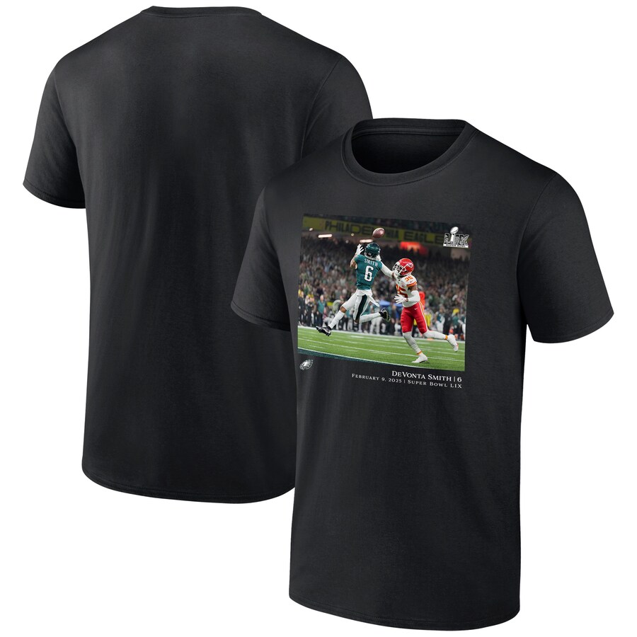 Men's Philadelphia Eagles DeVonta Smith Black NFL Flash Features Super Bowl LIX Champions T-Shirt - Jersey
