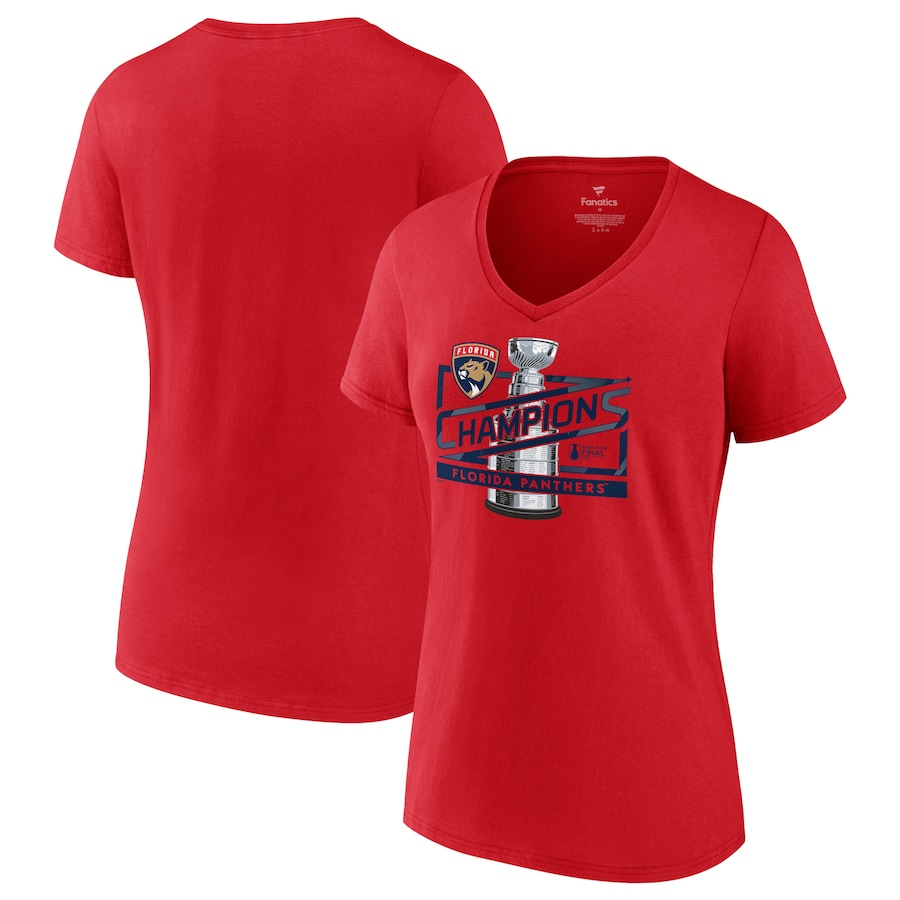 Women's Florida Panthers Fanatics Red 2024 Stanley Cup Champions Primetime V-Neck T-Shirt - Jersey