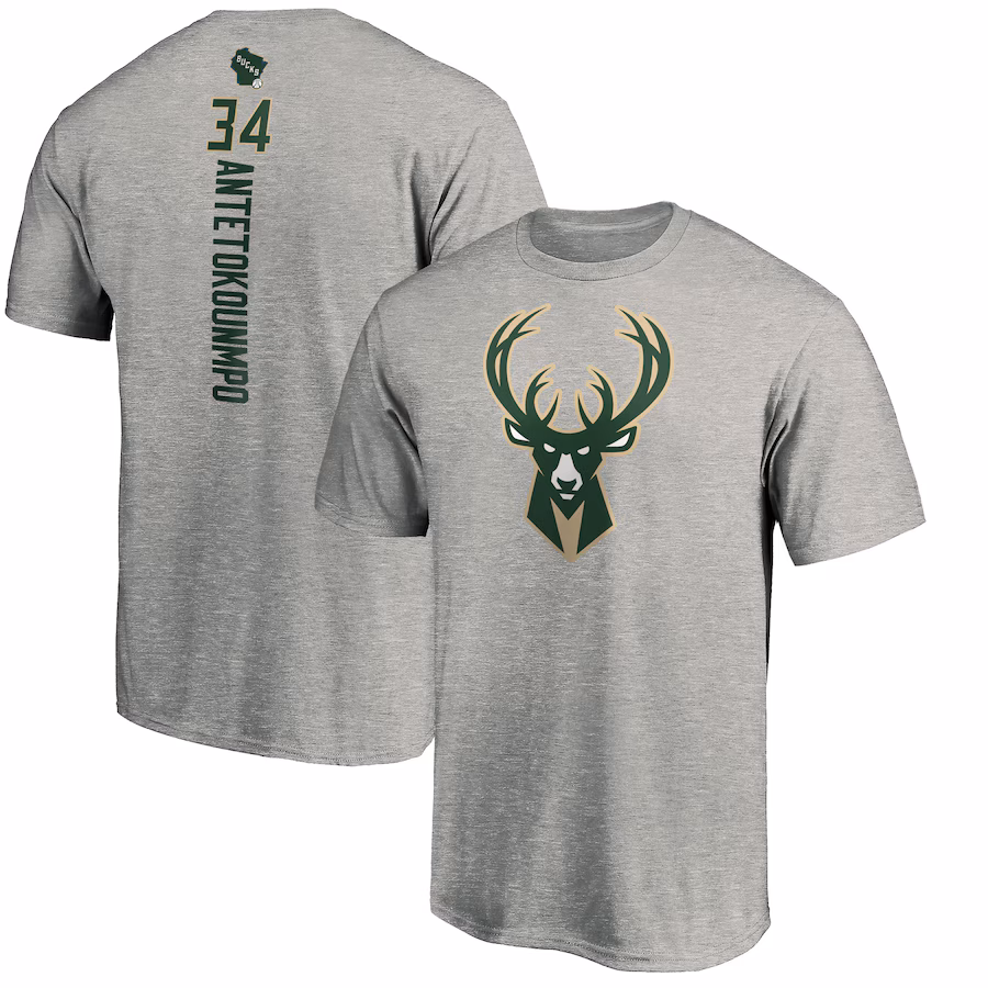 Men's Milwaukee Bucks Giannis Antetokounmpo Heathered Gray Playmaker Name & Number Team T-Shirt - Jersey