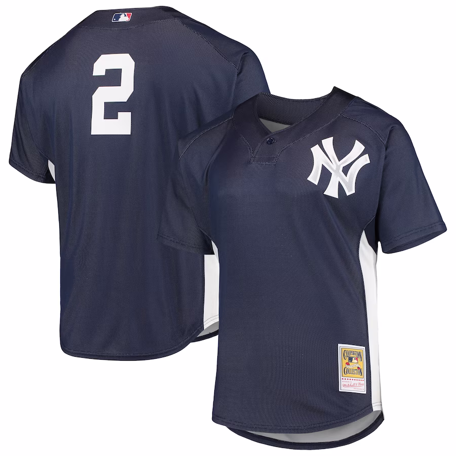 Men's New York Yankees Derek Jeter Mitchell & Ness Navy Cooperstown Collection Mesh Batting Practice Button-Up Jersey - Jersey