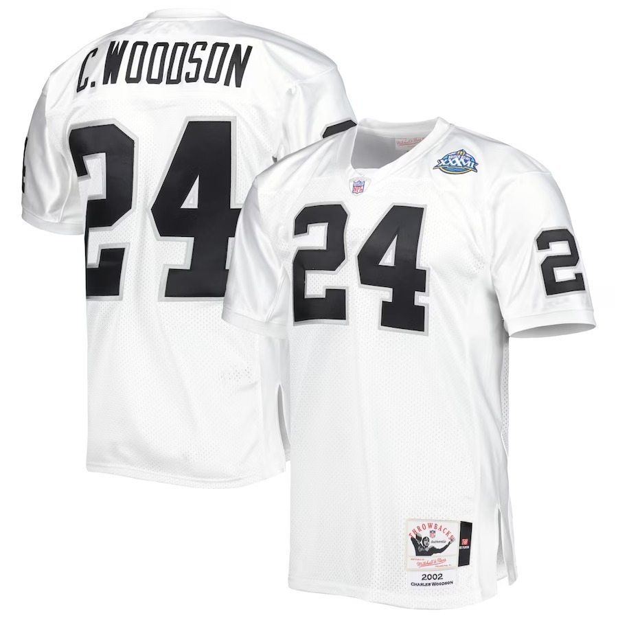 Men's Las Vegas Raiders 2002 Charles Woodson Mitchell & Ness White Authentic Throwback Retired Player Jersey - Jersey
