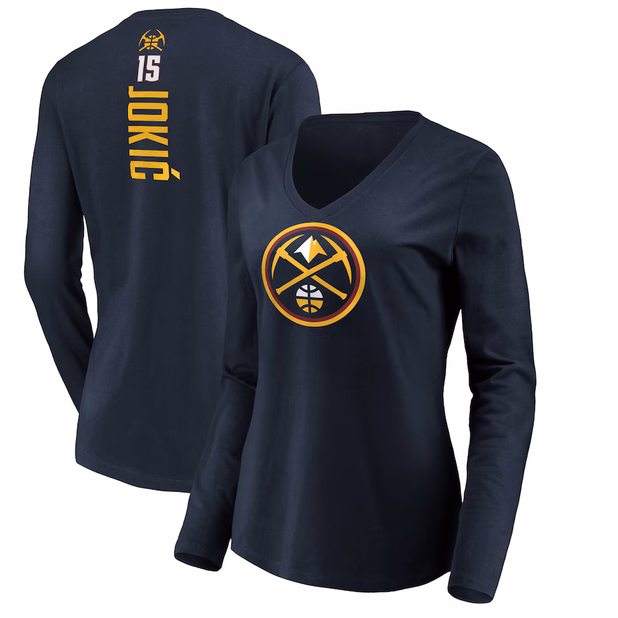 Women's Denver Nuggets Nikola Jokic Navy Playmaker Name & Number Long Sleeve V-Neck T-Shirt - Jersey